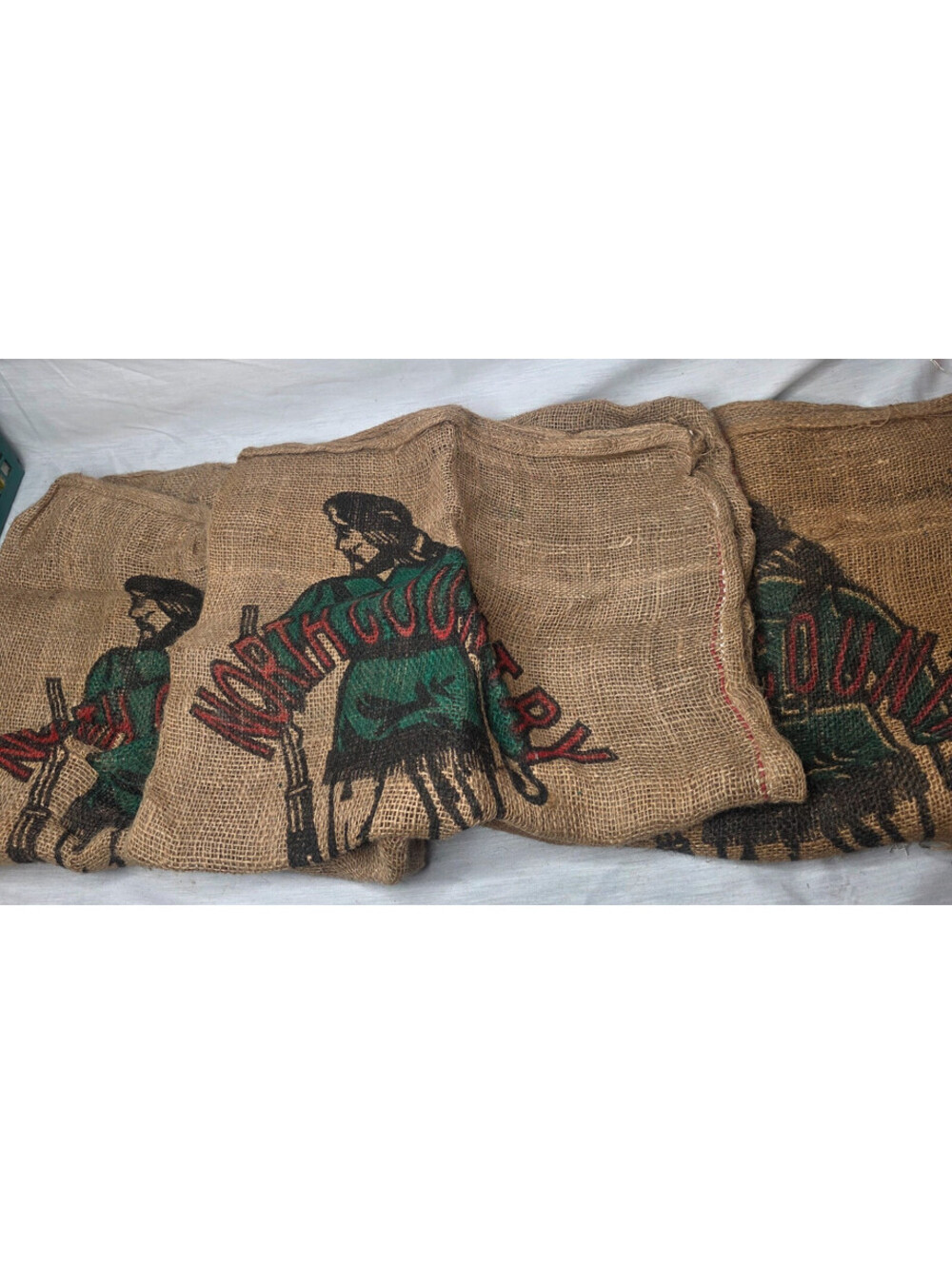 Lot of 3 Vintage North Country Potatoes Burlap Sacks 50lb Trapper Graphic (3)